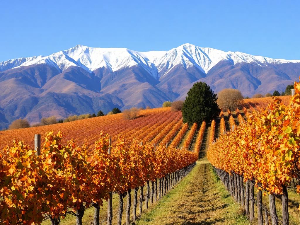 Vigneti autunnali in Abruzzo con le cime innevate del Gran Sasso