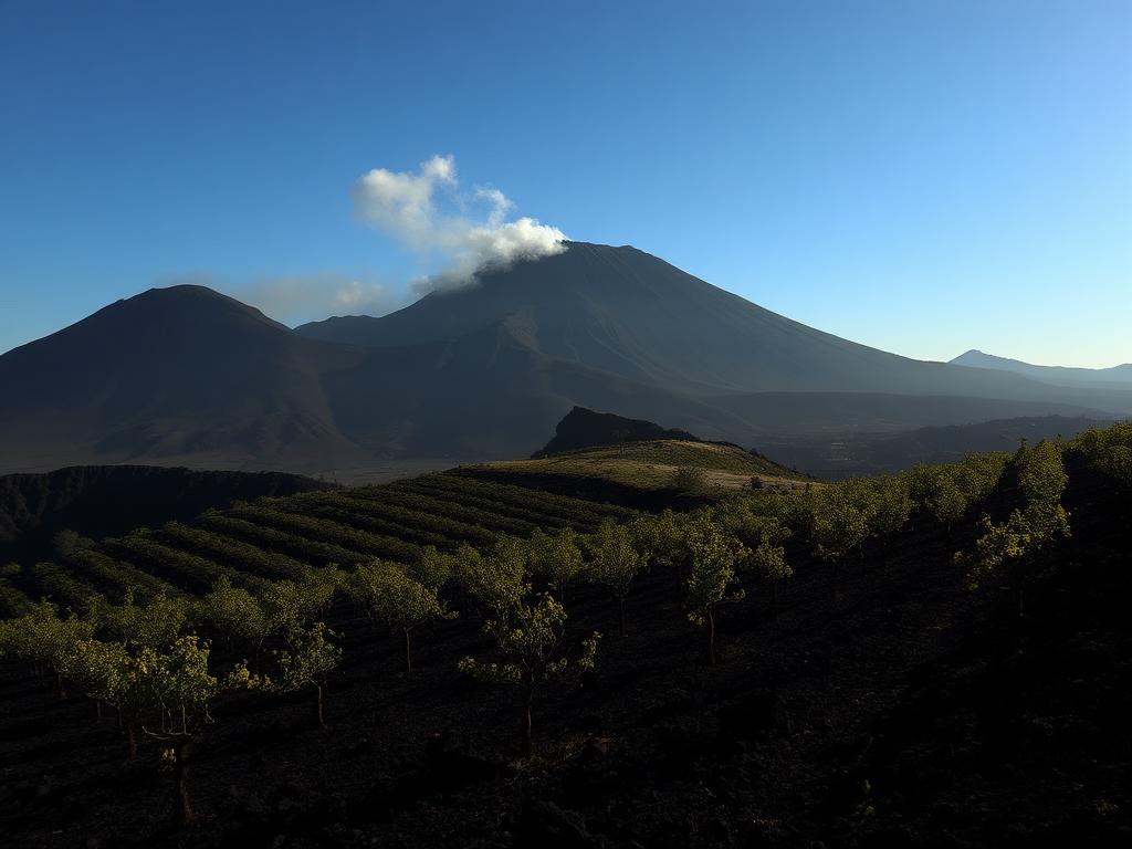 Vigneti ad alberello sui suoli vulcanici dell'Etna con il vulcano sullo sfondo
