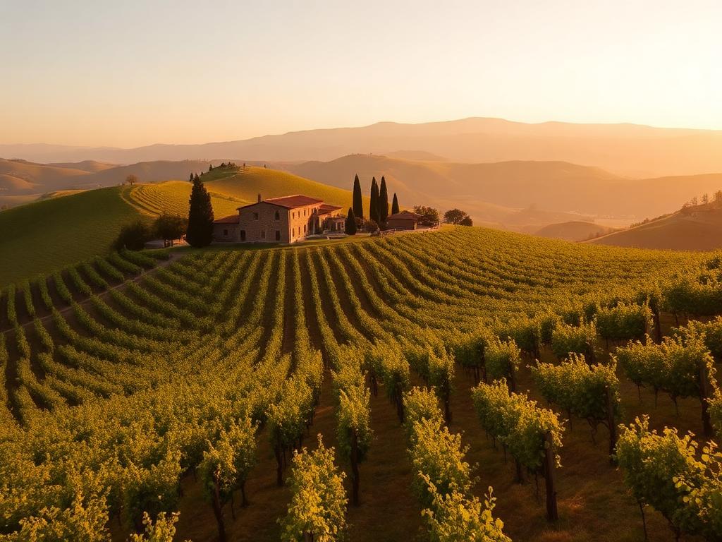 Vigneti collinari del Chianti Classico con casa colonica in pietra al tramonto