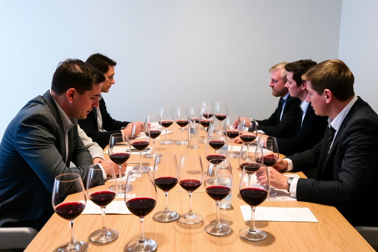 Panel di assaggio professionale con calici di vino rosso per analisi sensoriale